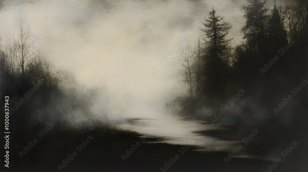 Obraz premium 2. A captivating landscape shrouded in enigmatic fog, obscuring the glossy obsidian ground beneath, evoking a sense of depth and allure in the darkness