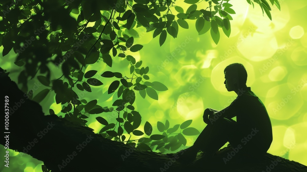 A peaceful scene featuring a person in silhouette sitting on a tree branch, surrounded by lush green leaves and a soft, glowing green background. The image evokes tranquility and introspection, making A peaceful scene featuring a person in silhouette sitting on a tree branch, surrounded by lush green leaves and a soft, glowing green background. The image evokes tranquility and introspection, making