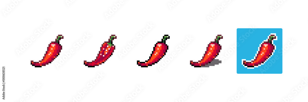 Fototapeta premium Pixel art Chili Pepper. 8bit Game Style Pixelated Spicy Red Pepper Vegetable. Detailed Pixel Hot Chili Pepper icon with shading and different stroke. 