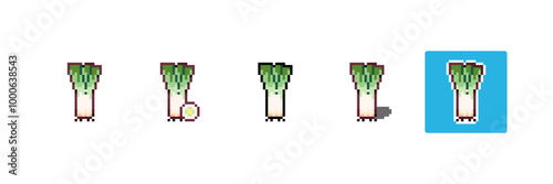 Pixel art Leek. 8bit Game Style Pixelated Green Onion Vegetable. Detailed Pixel Leek icon with shading and different stroke. 