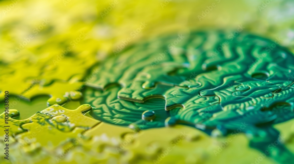 A conceptual image showing a green brain emerging from yellow puzzle pieces. The bright colors and unique design symbolize the complexity of thought and the idea of solving mental challenges. A conceptual image showing a green brain emerging from yellow puzzle pieces. The bright colors and unique design symbolize the complexity of thought and the idea of solving mental challenges.
