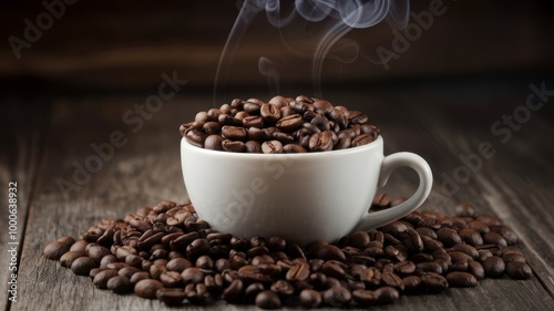 Aromatic coffee beans in a white cup with smoky swirls rising, set on a wooden surface