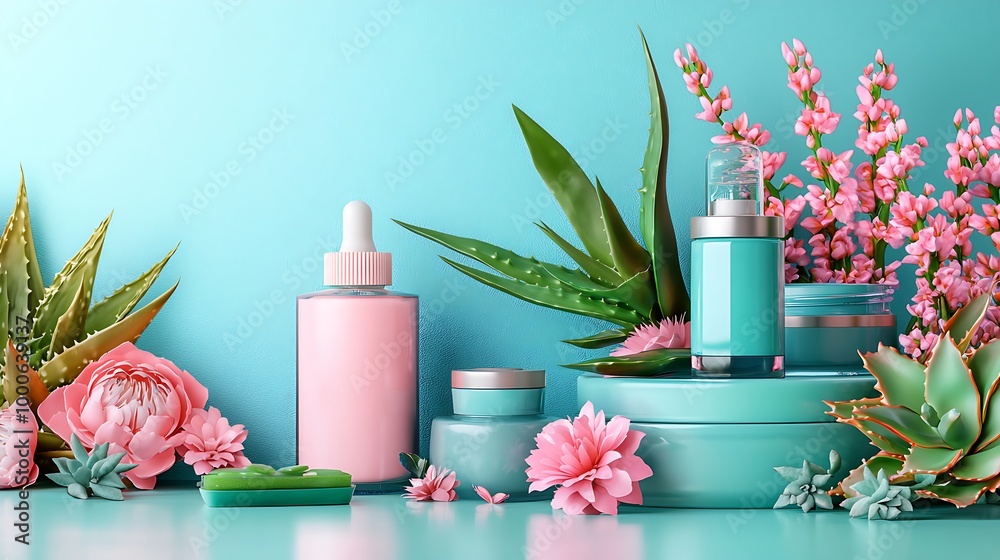 Aloe vera and a pink flower highlight a beauty product display, set against a vibrant turquoise background. Aloe vera and a pink flower highlight a beauty product display, set against a vibrant turquoise background.