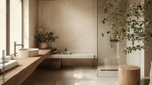 a transquil organic modern bathroom that exudes naturel warm materials photo