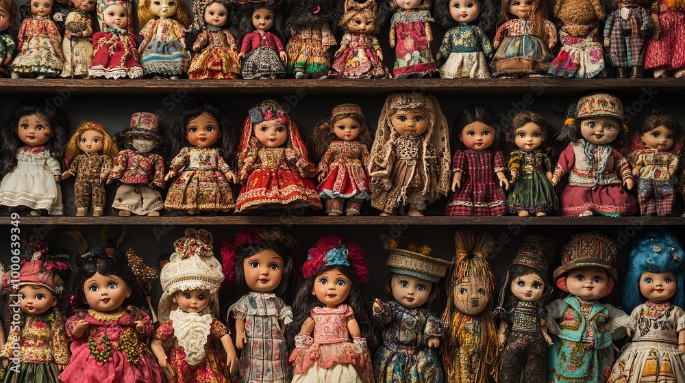 A collection of diverse dolls displayed on shelves, showcasing cultural attire and craftsmanship. A collection of diverse dolls displayed on shelves, showcasing cultural attire and craftsmanship.