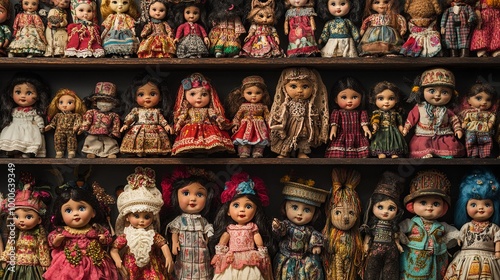 A collection of diverse dolls displayed on shelves, showcasing cultural attire and craftsmanship.