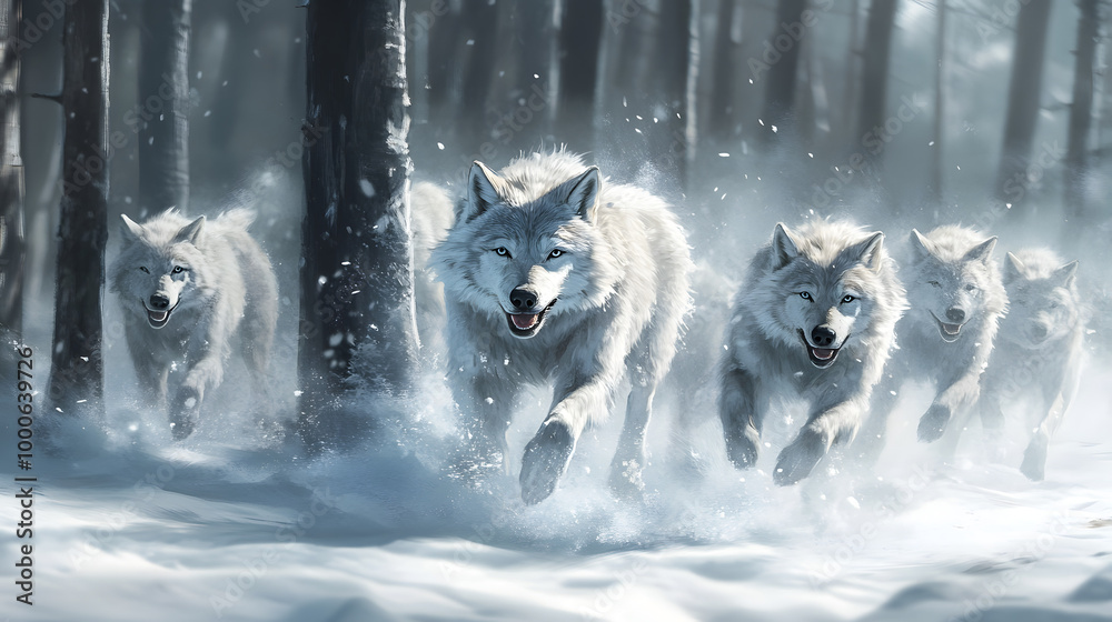 Dynamic Wolves Running Through Snowy Forest Scene Dynamic Wolves Running Through Snowy Forest Scene
