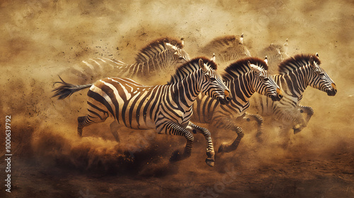 Galloping Zebras Across Dusty Plains at Sunset