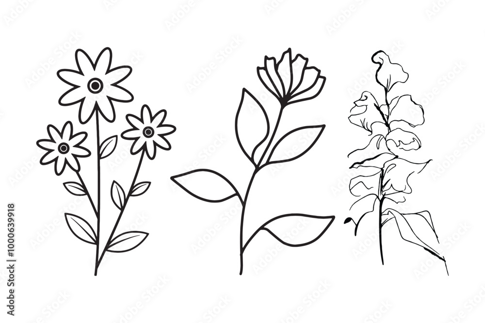 Three simple floral sketches, each featuring different flowers with distinct stems and leaves in a clean, minimalist style. Three simple floral sketches, each featuring different flowers with distinct stems and leaves in a clean, minimalist style.