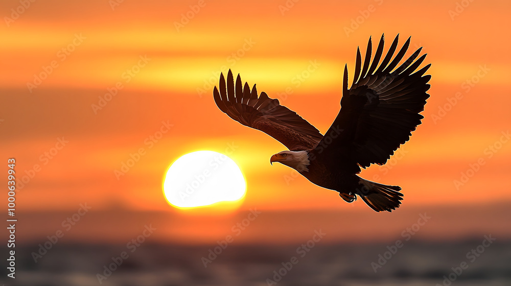 Obraz premium Majestic Eagle Soaring Through the Sunset Sky