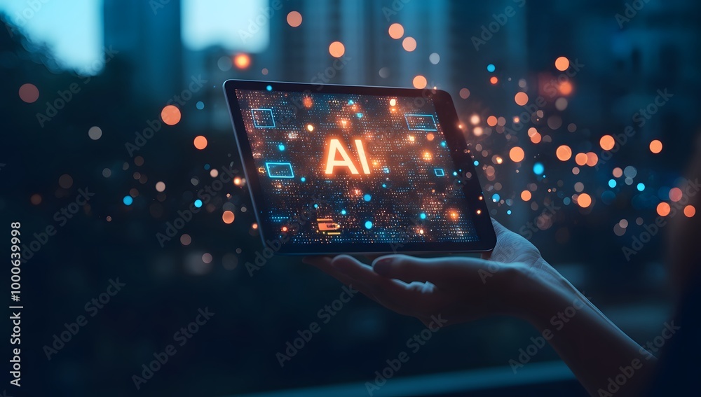 Digital hand holding a tablet with glowing text AI on a dark background, a digital technology concept for artificial intelligence and machine learning in business. Digital hand holding a tablet with glowing text AI on a dark background, a digital technology concept for artificial intelligence and machine learning in business.