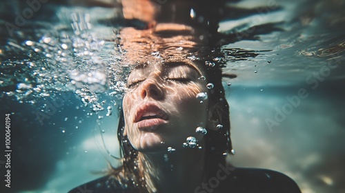 Person underwater with eyes closed, holding breath, surrounded by rising bubbles. Crystal clear water, focused on subject