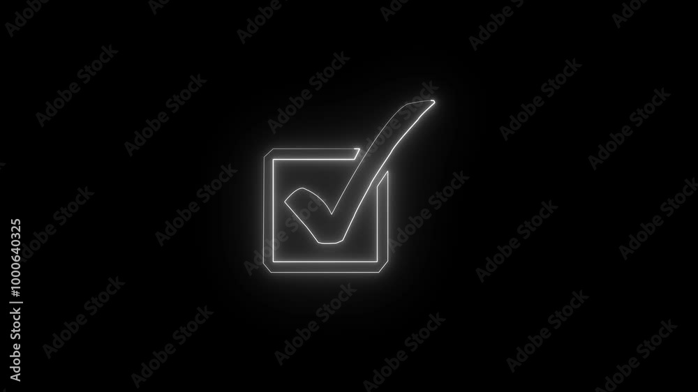 Glowing neon tick mark in neon rectangle. animation on black background. Glowing neon tick mark in neon rectangle. animation on black background.