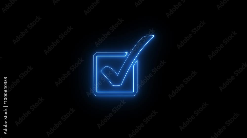 Glowing neon tick mark in neon rectangle. animation on black background. Glowing neon tick mark in neon rectangle. animation on black background.