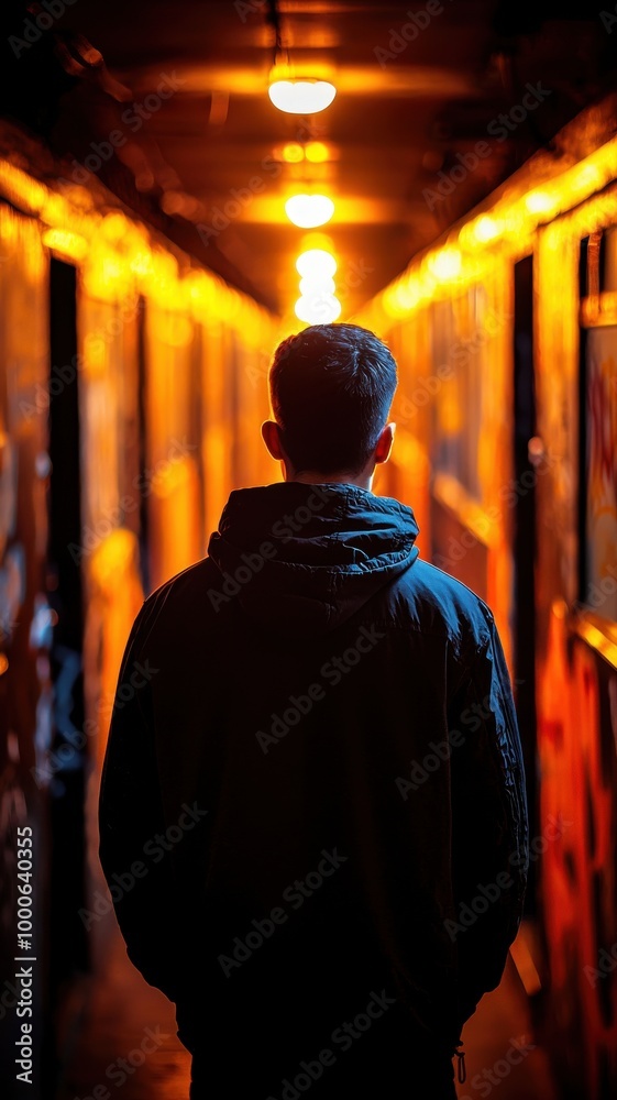 Person standing in a hallway with warm, orange lighting. Person standing in a hallway with warm, orange lighting.