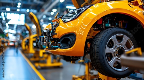 A yellow car moves down an assembly line, a glimpse of manufacturing precision in a factory.