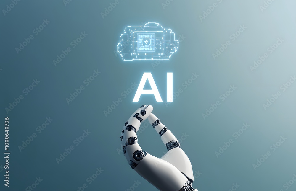 Robot hand holding the word AI with an icon for artificial intelligence Robot hand holding the word AI with an icon for artificial intelligence