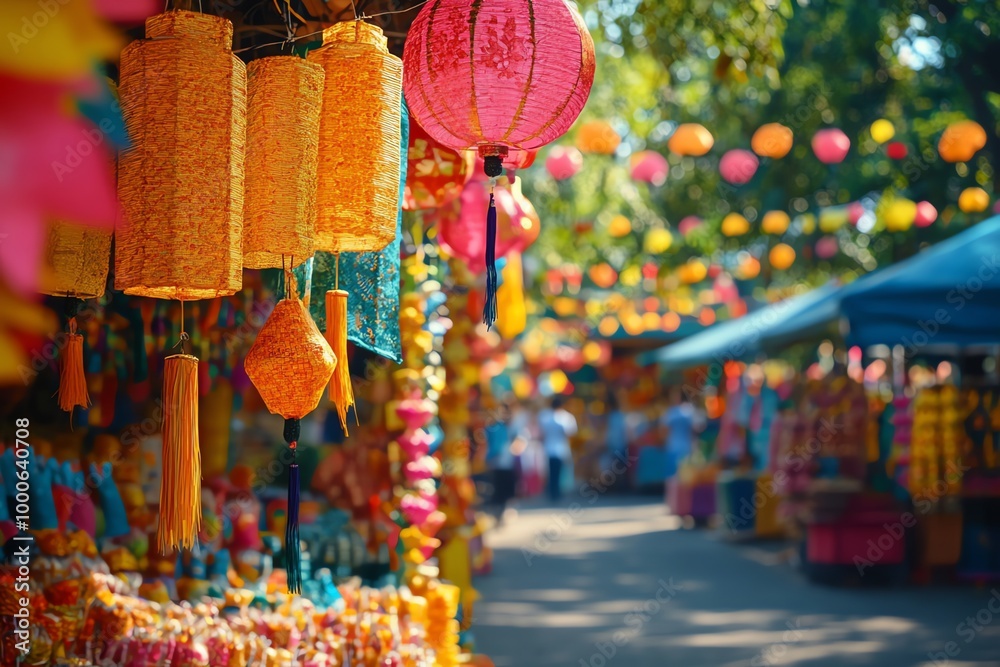 Naklejka premium Colorful lanterns hanging at an outdoor market.