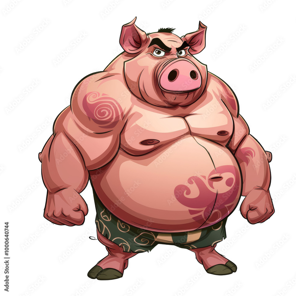 Fototapeta premium A cartoon pig with a muscular body and tattoos, wearing green swim trunks.