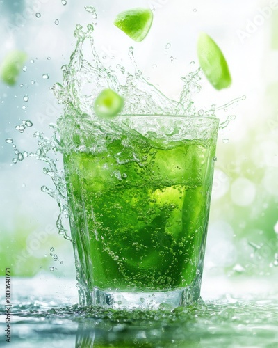 A refreshing green drink with ice and cucumber slices splashing into a glass.