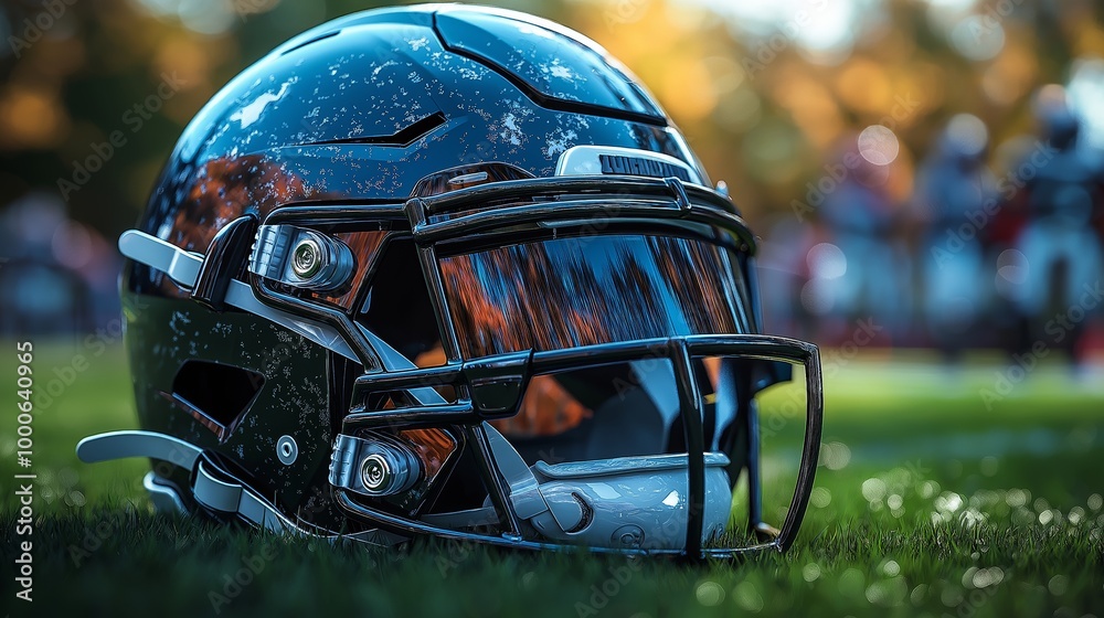 Shiny black American football helmet with reflections resting on grass during an outdoor practice session at sunset, sports equipment close-up