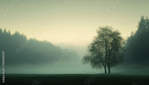 solitary figure walking through misty forest, surrounded by tall trees and serene atmosphere. soft light creates tranquil and peaceful scene, evoking sense of calm and reflection