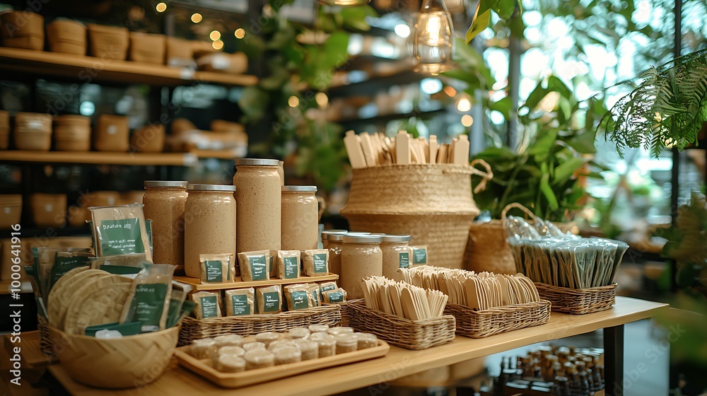 Eco-friendly products are neatly displayed on a wooden shelf, promoting sustainability. Eco-friendly products are neatly displayed on a wooden shelf, promoting sustainability.
