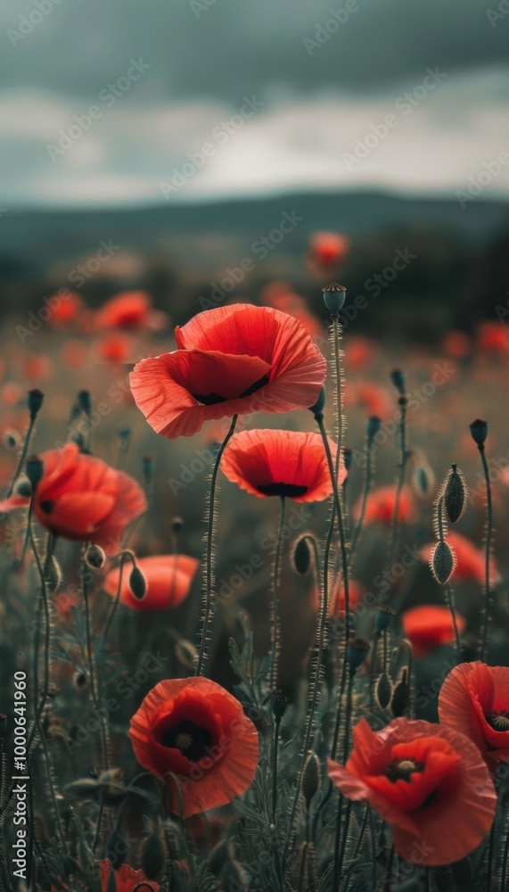 Obraz premium Poppy Field in Bloom Symbolizing Remembrance of Fallen Soldiers - Nature Photography for Memorial Design