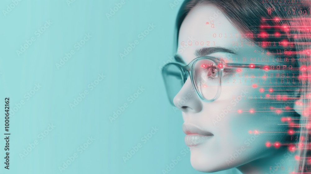 Futuristic Woman with Digital Eye Augmentation Against Binary Code Background Futuristic Woman with Digital Eye Augmentation Against Binary Code Background