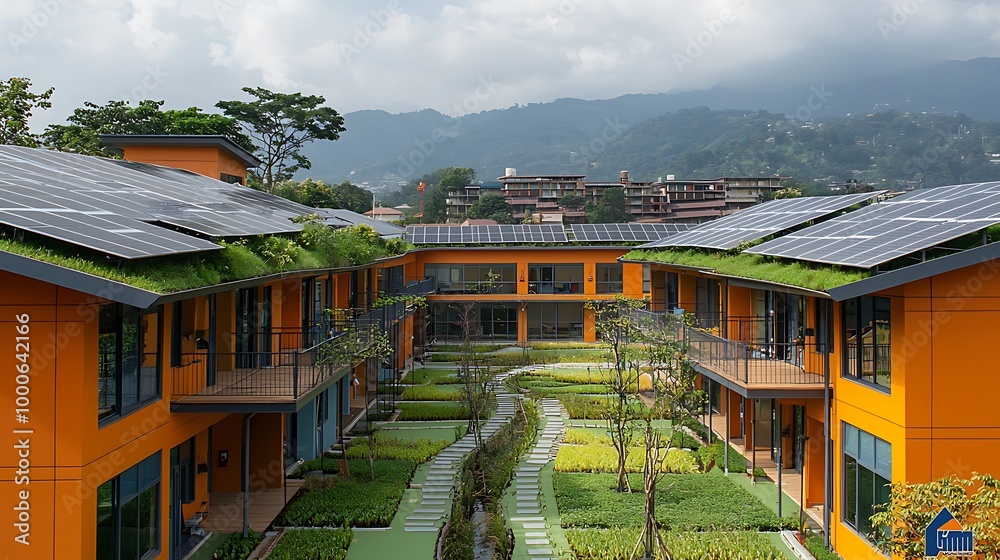 Fototapeta premium Modern architecture features a green roof and solar panels, merging style with environmental mindfulness.