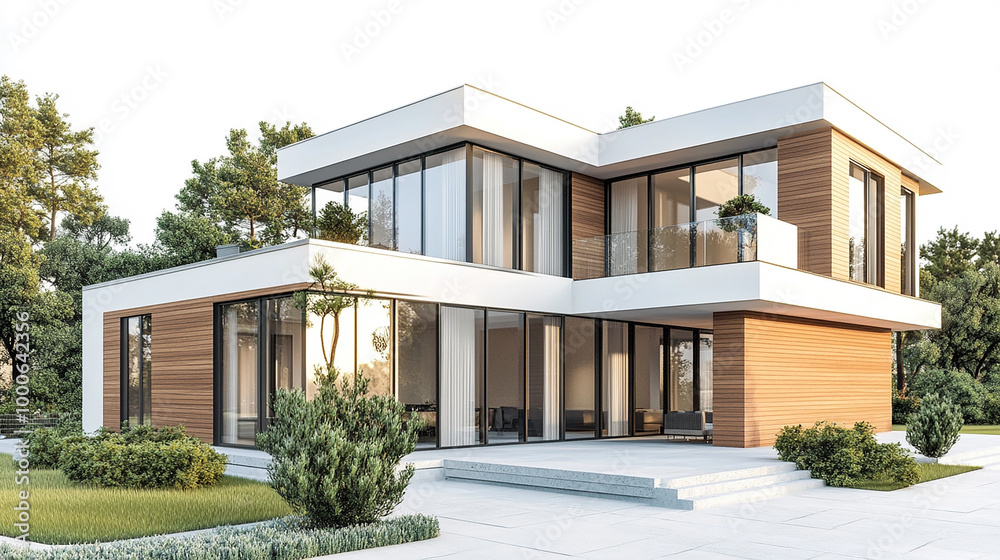 3D rendered modern house standing on a light white background 3D rendered modern house standing on a light white background