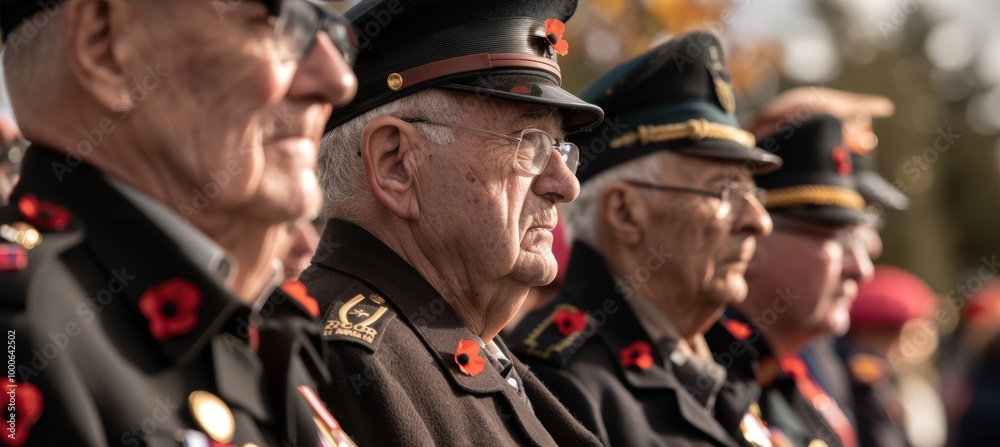 Veterans Reflecting During Remembrance Day Event with Medals and Poppies Adorning Their Uniforms Veterans Reflecting During Remembrance Day Event with Medals and Poppies Adorning Their Uniforms