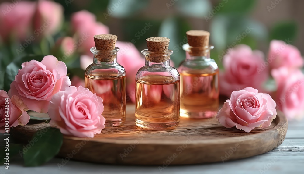 Small glass bottles of rose oil on a wooden tray, surrounded by soft pink roses, minimal background