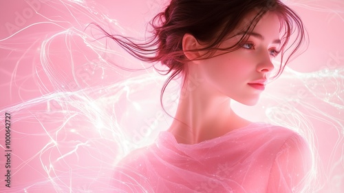 Portrait of a graceful woman surrounded by delicate pink light trails creating a dreamy, ethereal effect. Beauty and mystical aura concept