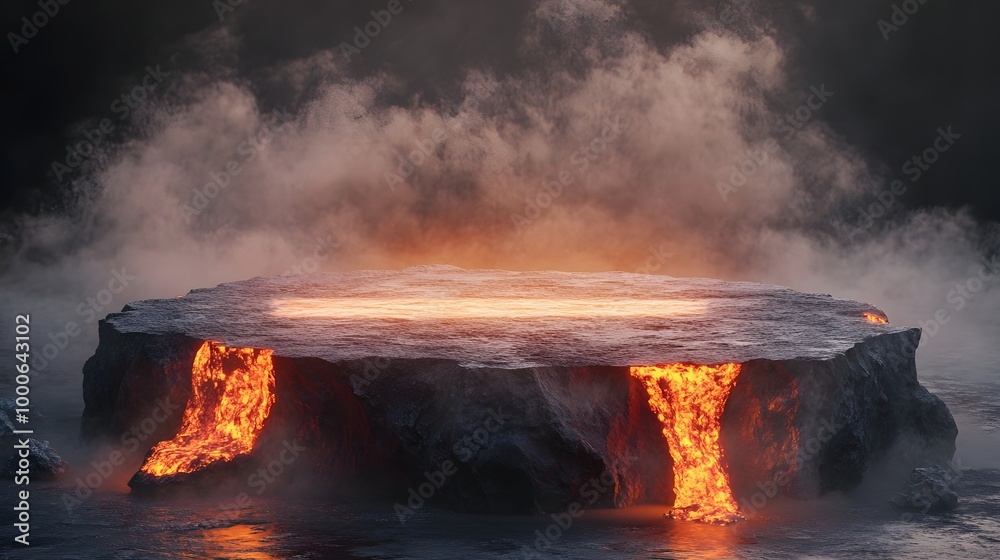 2. An explosive illustration of a podium made from volcanic rock, surrounded by flowing lava and a smoky environment, showcasing a dynamic outdoor stage perfect for product presentations 2. An explosive illustration of a podium made from volcanic rock, surrounded by flowing lava and a smoky environment, showcasing a dynamic outdoor stage perfect for product presentations