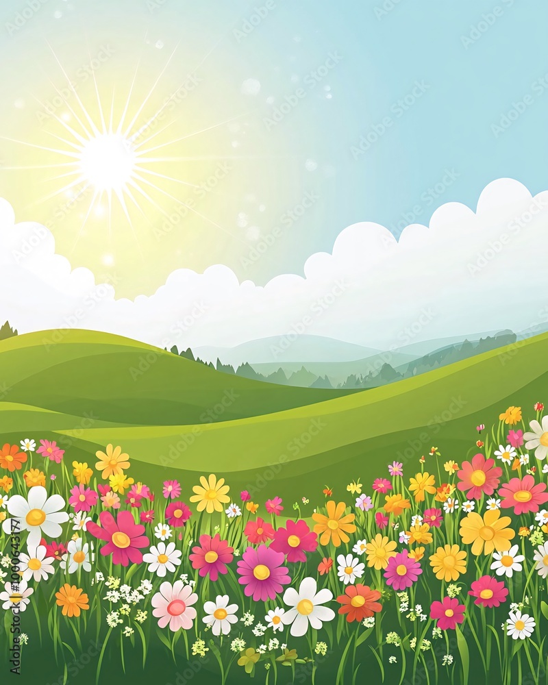 A sunny day with a beautiful view of rolling hills and a field of colorful wildflowers. A sunny day with a beautiful view of rolling hills and a field of colorful wildflowers.