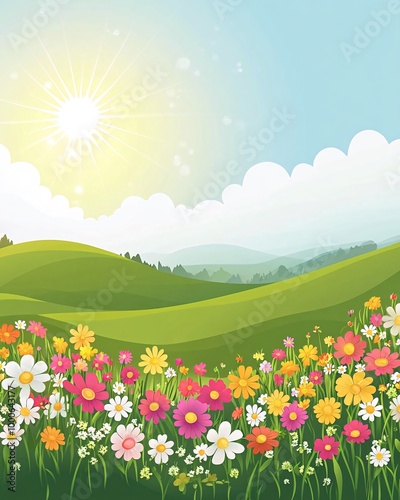 A sunny day with a beautiful view of rolling hills and a field of colorful wildflowers.