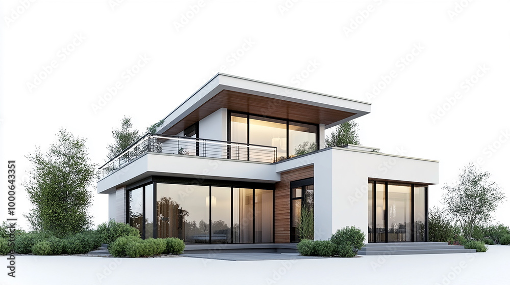 3D rendered modern house standing on a light white background