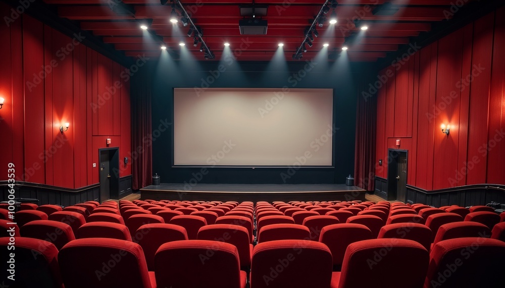 Empty red-seated movie theater with bright lights shining on the large screen. The classic cinema interior is ready for an audience to experience the next film screening. Empty red-seated movie theater with bright lights shining on the large screen. The classic cinema interior is ready for an audience to experience the next film screening.