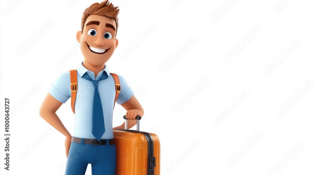 Cartoon air crew member with a big smile, holding a luggage bag, ready for takeoff, isolated on white background. Cartoon air crew member with a big smile, holding a luggage bag, ready for takeoff, isolated on white background.