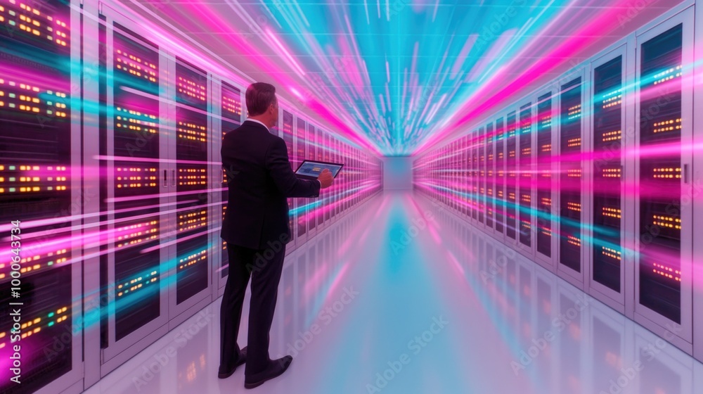 Futuristic Data Center Administrator Overseeing Server Room Operations Futuristic Data Center Administrator Overseeing Server Room Operations