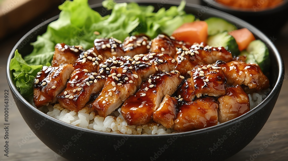 Glazed teriyaki chicken on rice, garnished with sesame seeds and lettuce Glazed teriyaki chicken on rice, garnished with sesame seeds and lettuce