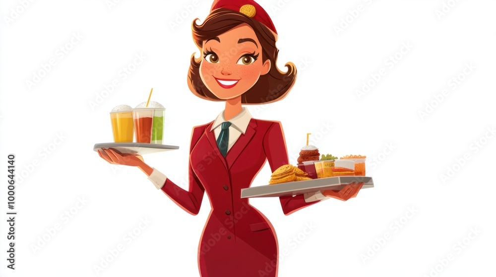 Cartoon flight attendant holding a tray of snacks and drinks, smiling brightly, isolated on white background. Cartoon flight attendant holding a tray of snacks and drinks, smiling brightly, isolated on white background.