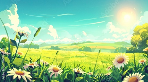 Adorable Cartoon Grassland Background: A Charming and Whimsical Scene. Delight in the Colorful and Fun Atmosphere