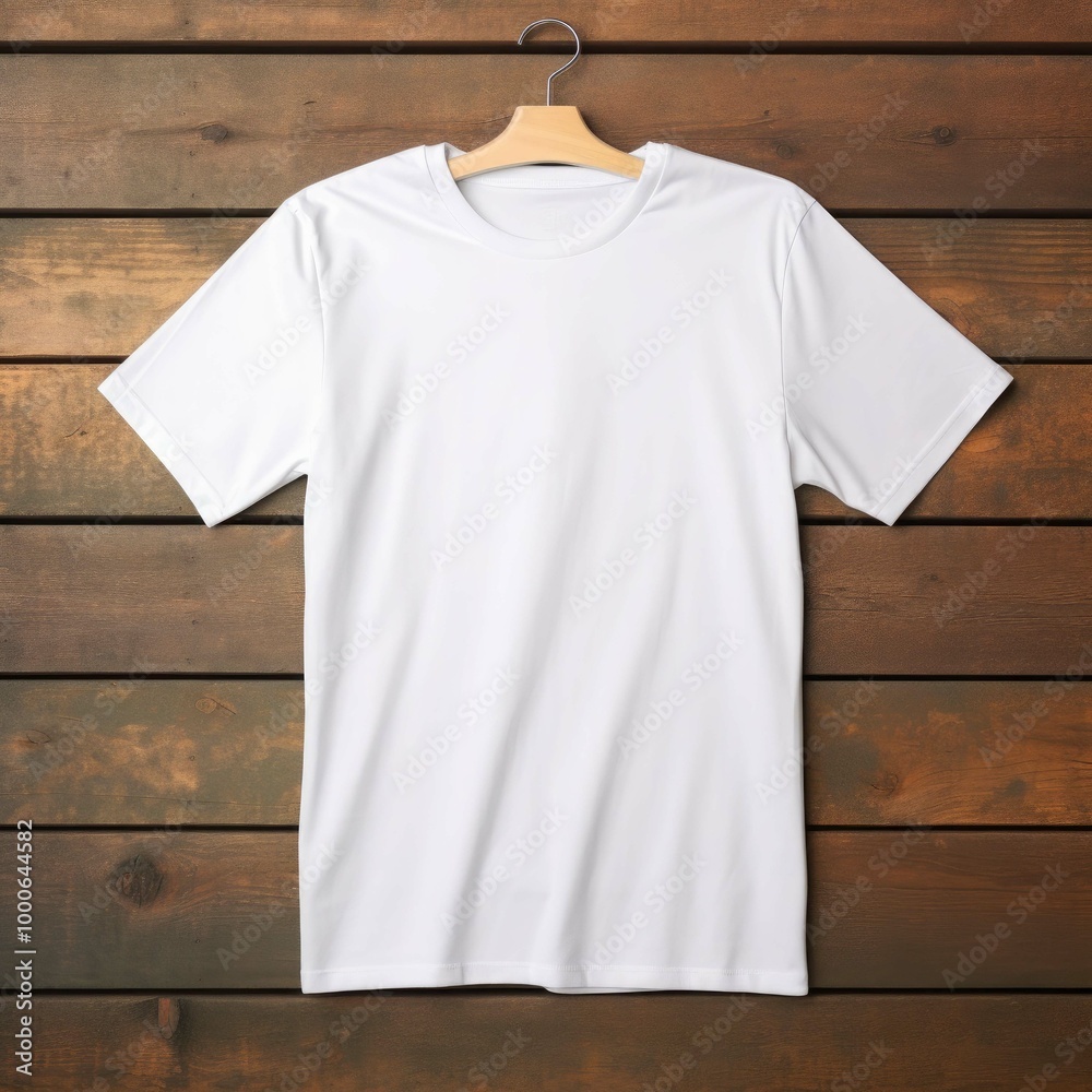 A white t - shirt with a white t - shirt hanging on a wooden wall. A white t - shirt with a white t - shirt hanging on a wooden wall.