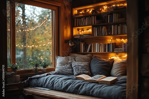 Cozy window seat with open book, pillows and fairy lights. photo