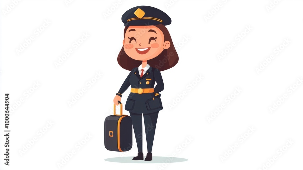 Cute cartoon air crew member in uniform, holding a small luggage bag and smiling, isolated on a clean white background. Cute cartoon air crew member in uniform, holding a small luggage bag and smiling, isolated on a clean white background.
