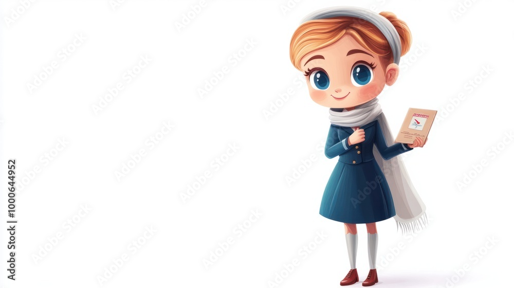 Cute cartoon flight attendant wearing a scarf and holding a safety card, isolated on a clean white background. Cute cartoon flight attendant wearing a scarf and holding a safety card, isolated on a clean white background.