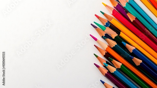 Colorful pencils lie neatly on a white background, a bright array ready for creativity.