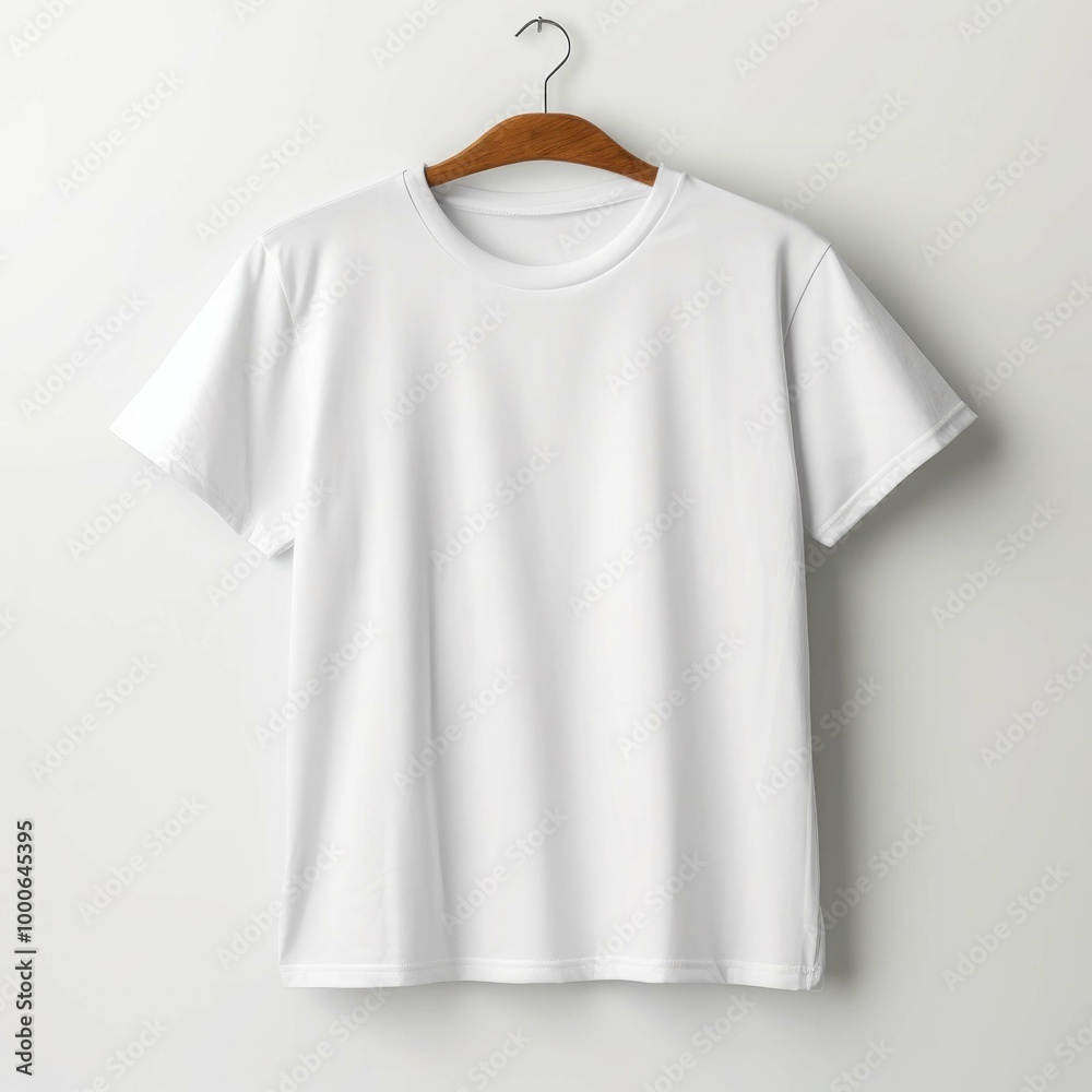 A white t - shirt with a white t - shirt hanging on a wooden wall. A white t - shirt with a white t - shirt hanging on a wooden wall.